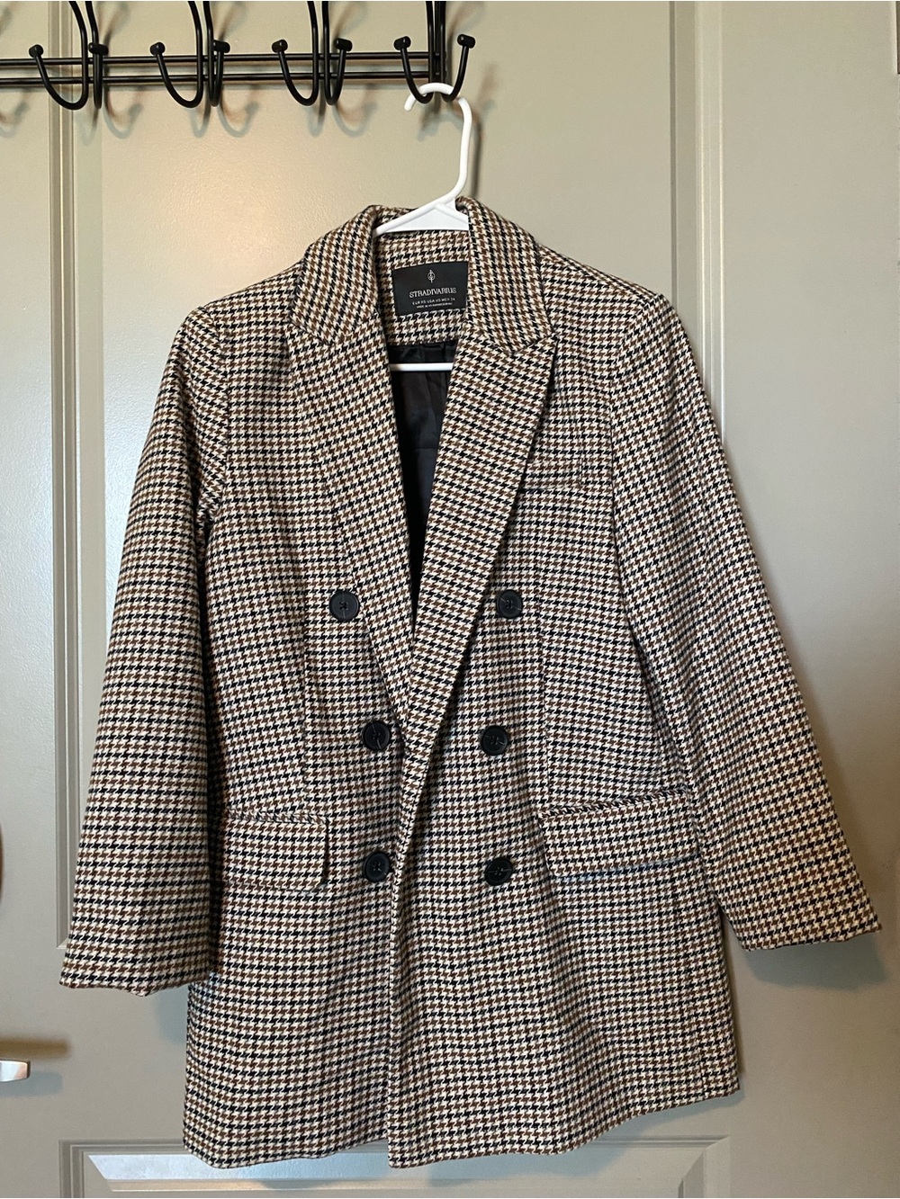 stradivarius Black & Cream Houndstooth Double-Breasted Blazer